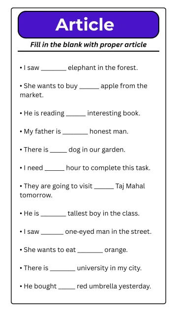 Fill in Blanks with Articles Worksheets with Answers